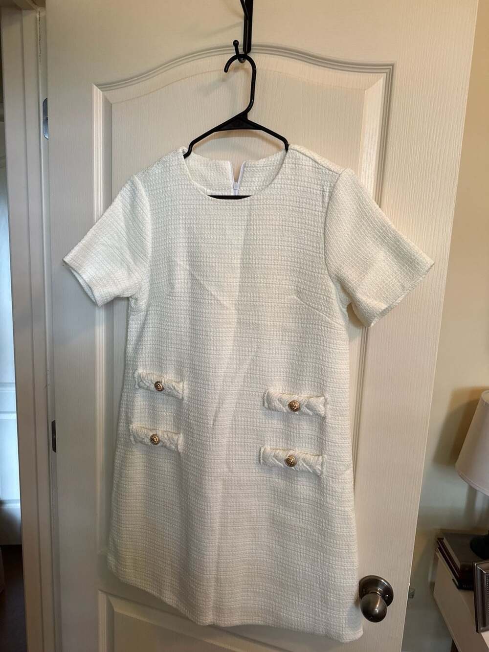 SHEIN White Tweed Short Sleeve Mini Dress with Gold Buttons Size Small